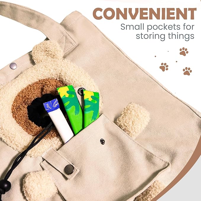 Pet Canvas Shoulder Carrying Bag, Cute Khaki Bear Shaped Cat Carrier, M Size Portable Kitten & Puppy Tote, Comfort Carriers for Small Dogs, Cats, and Pets, Handbag for Outdoor, Shopping, and Camping