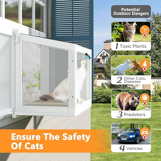 MUPATER Cat Window Box, Catio Outdoor Cat Enclosure Perch, Fits Double Hung Frames 26" to 42" Wide, All-Weather Use Wooden Window Kitty House, for Napping, Sunbathing & Nature Viewing, White