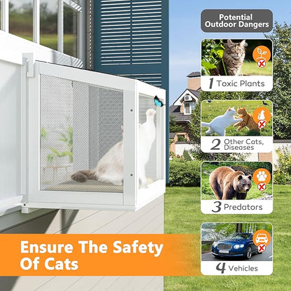 MUPATER Cat Window Box, Catio Outdoor Cat Enclosure Perch, Fits Double Hung Frames 26" to 42" Wide, All-Weather Use Wooden Window Kitty House, for Napping, Sunbathing & Nature Viewing, White