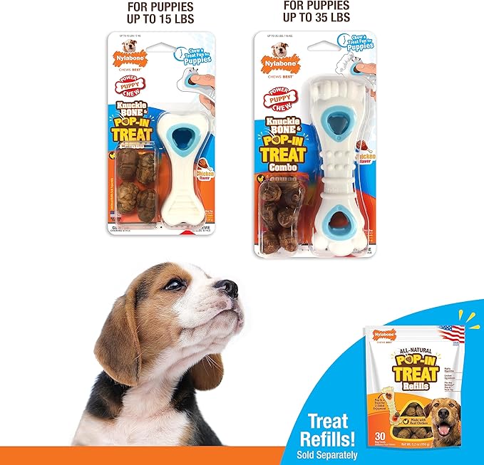 Nylabone Knuckle Bone Pop-in Treat Toy Puppy Chew Toy for Puppies, Interactive Treat Dispensing Enrichment Toys for Puppies, Long Lasting Chicken Flavor, X-Small Dogs - Up to 15 lbs (Pack of 2)