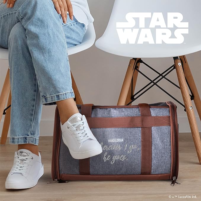 Star Wars for Pets The Mandalorian Soft Pet Carrier “Wherever I go, he goes” Gray & Brown | for Pets 15 x 9 x 9 Dog Travel Bag| Luggage Carrier for Dogs, Fits Under Plane Seat (FF19733)