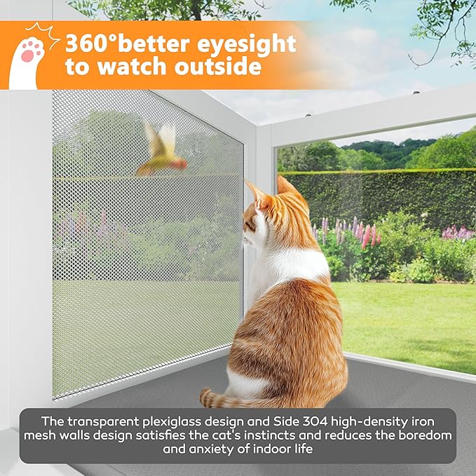 MUPATER Cat Window Box, Catio Outdoor Cat Enclosure Perch, Fits Double Hung Frames 26" to 42" Wide, All-Weather Use Wooden Window Kitty House, for Napping, Sunbathing & Nature Viewing, White