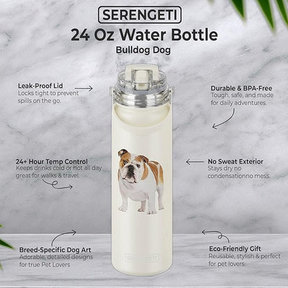 E&S Pets SERENGETI 24 Oz Water Bottle Stainless Steel with Spill Proof Lid - Double walled Vacuum Insulated water flask - Realistic 3D Print of your favorite dog (Bulldog)