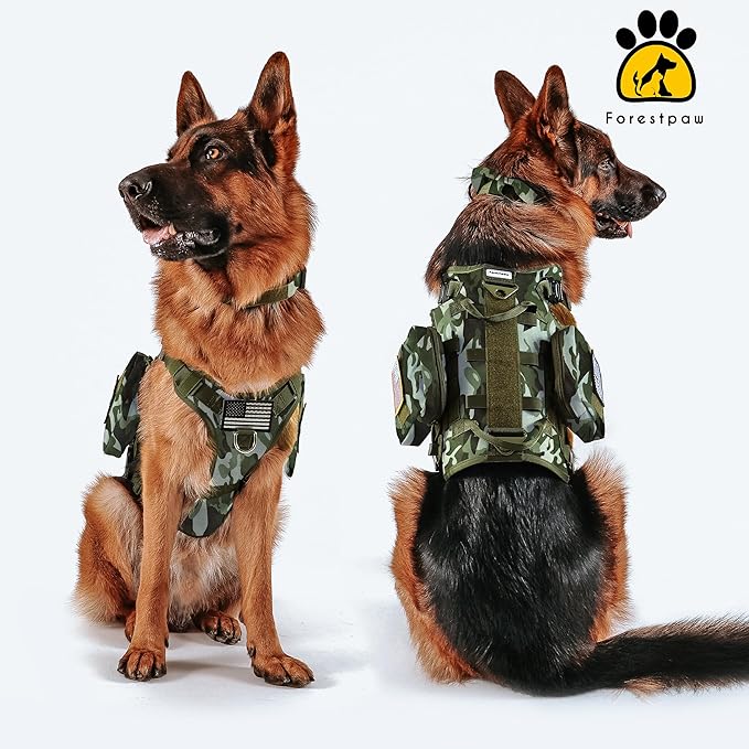 Forestpaw Tactical Dog Harness Tactical Dog Collar with Bungee Leash Set,No Pull Military Dog Harness for Walking Training,Adjustable for Medium Large Dogs,Camouflage Green,Chest 21.5-45"