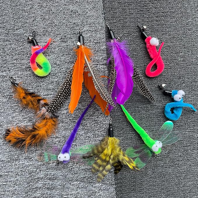 Cat Toy Wand with Pole, 9PCS Feather Refills Interactive Fishing Pole Teaser Rod Toy for Indoor Cats Kittens (9Pcs B)