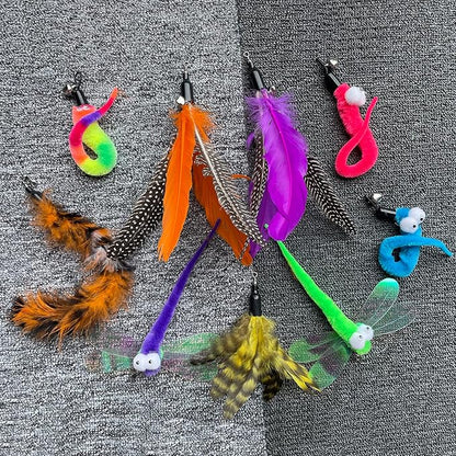 Cat Toy Wand with Pole, 9PCS Feather Refills Interactive Fishing Pole Teaser Rod Toy for Indoor Cats Kittens (9Pcs B)