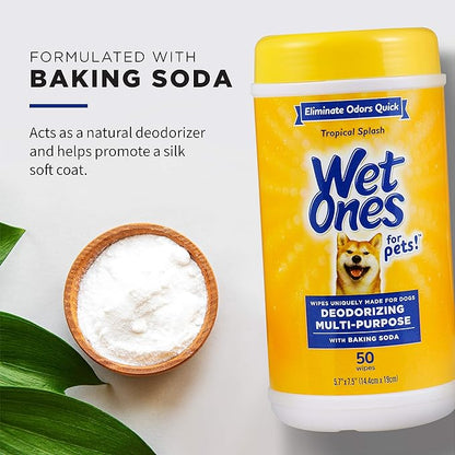 Wet Ones for Pets Deodorizing Multipurpose Dog Wipes with Baking Soda, Tropical Splash Scent - Desmellizing Wipes for Dogs in Canister, 50 Count