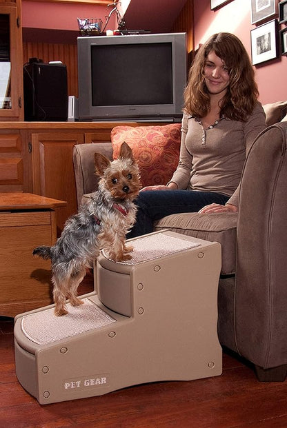 Pet Gear Easy Step II Pet Stairs, 2 Step for Cats/Dogs up to 150 Pounds, Portable, Removable Washable Carpet Tread, 2-Step, Tan, 22x16x16 Inch (Pack of 1) (PG9720TN)