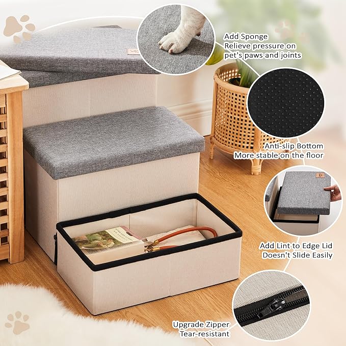 Love's cabin Dog Stairs for High Bed 18" H, Foldable Pet Stairs for Small Medium or Large Dogs Puppy with Storage for Bed or Couch, Cat Dog Steps Ramp with Zip up to 200 lbs, Light Grey, 3 Steps