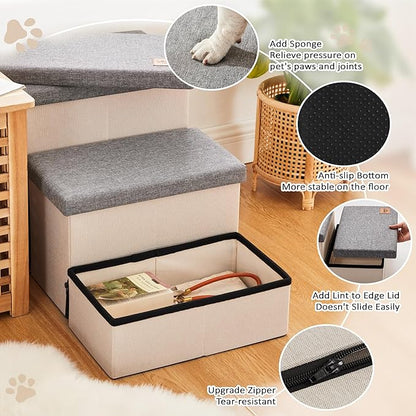 Love's cabin Dog Stairs for High Bed 18" H, Foldable Pet Stairs for Small Medium or Large Dogs Puppy with Storage for Bed or Couch, Cat Dog Steps Ramp with Zip up to 200 lbs, Light Grey, 3 Steps