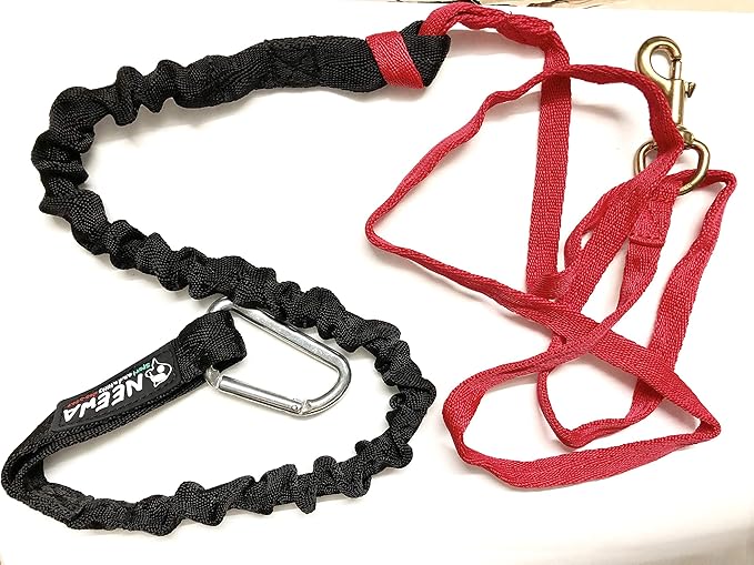 Neewa Racing Tug Line with Bungee for 2 Dogs (2m (6.5ft) - 2 Dogs, Red) - Ideal Lead for Hands Free Walking, Running, Canicross, Bikejoring - This Leash has Handle in the Middle to Allow Dog Control