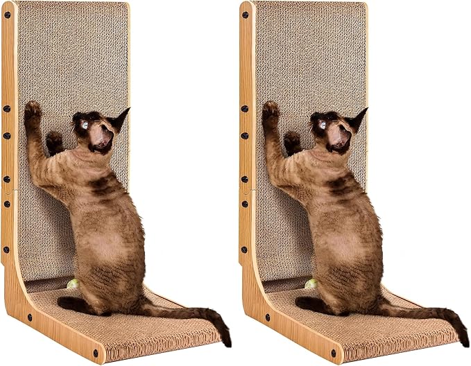EHEYCIGA Cardboard Cat Scratcher for Indoor Cats, 26.8 Inch L Shaped Vertical Cat Scratching Board with Ball Cat Toy, Large Cat Scratcher Pad, Brown (Pack of 2)