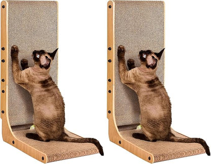 EHEYCIGA Cardboard Cat Scratcher for Indoor Cats, 26.8 Inch L Shaped Vertical Cat Scratching Board with Ball Cat Toy, Large Cat Scratcher Pad, Brown (Pack of 2)