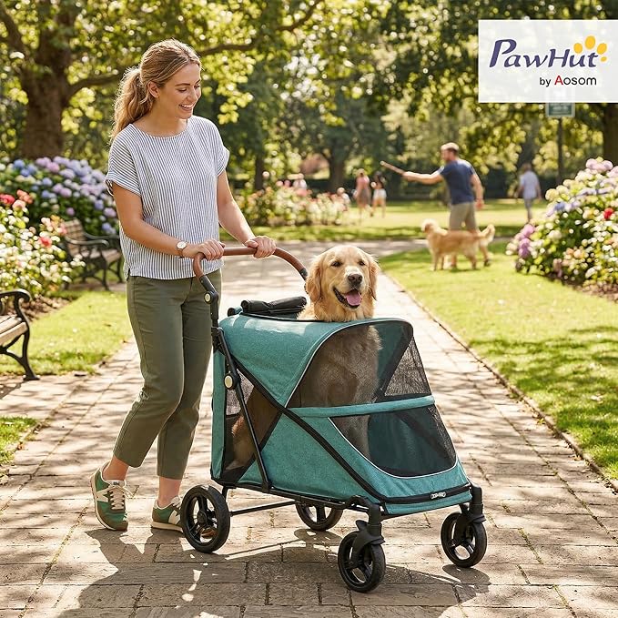 PawHut Dog Stroller for Large Dogs, One-Click Folding 4 Wheel Large Pet Stroller Wagon for Multiple Pets, All Terrain Spring Suspension w/ 8-Position Adjustable Handle, Mesh Window, Up to 66 LBS, Teal