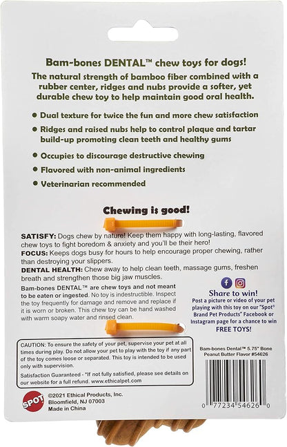 SPOT Bam-Bones Dental Bone - Made with Bamboo Fiber and a Massaging Rubber Center, Durable Oral Care Dog Chew for Light Chewers & Teething Puppies Under 25lbs, 6in Allergen Free Peanut Butter Flavor