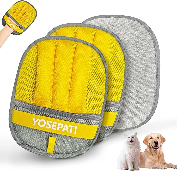 2 Pack Magic Brush Pet Hair Removal Gloves for Cat & Dog, Ectrostatic Five-Finger Fur Remover, The Magic Brush Pure Path Grooming Remover Glove for Laundry, Carpet & Car Seat (Grey & Yellow)
