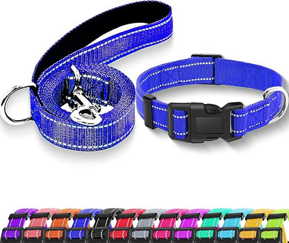 Reflective Dog Collar with Safety Locking Buckle, Adjustable Soft Breathable Nylon Collars for Small, Medium and Large Dogs(Collar+Leash XS Width 5/8" Navy Blue)