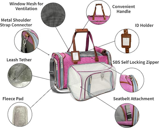 Mr. Peanut's Gold Series Mini Expandable Airline Approved Soft Sided Pet Carrier, Premium Brand Self Locking Zippers, Plush Faux Fleece Bedding with a Sturdy Plywood Base (Rosa Red)