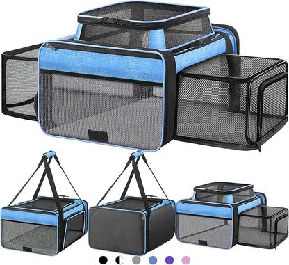 Top and 2 Sides Expandable Cat Carrier 18x13.5x9.5, TSA Airline Approved Dog Carriers for Small Dogs, Soft-Sided Pet Carrier with Self-Locking Zippers for Kitten,Rabbit, Puppy, Guinea Pig Blue