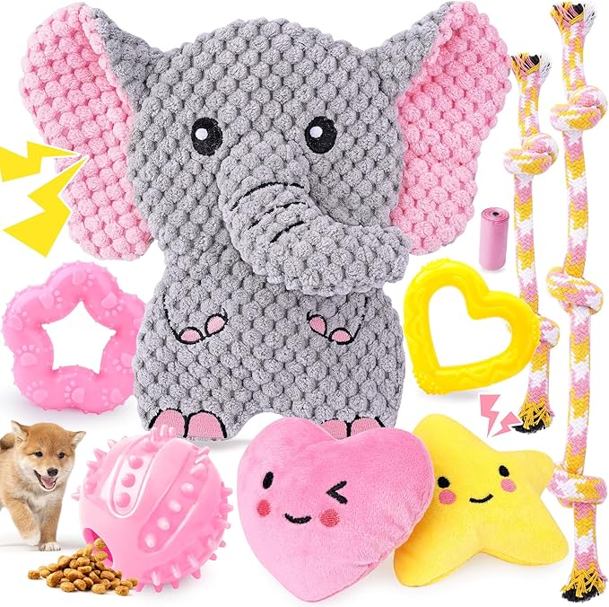 XIUGOAL Pink Puppy Toys - 9 Pack Puppy Chew Toys for Teething, Enrichment Dog Toys for Small Dogs to Keep Them Busy, Squeaky Plush Toy for Boredom