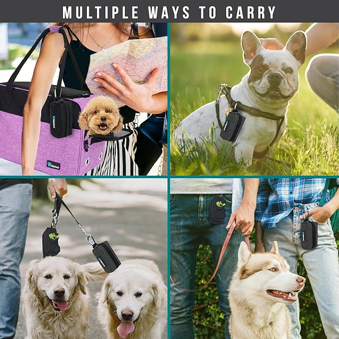 PetAmi Dog Poop Bag Holder & Waste Bag Dispenser with Clip-On Pouch Includes 1 Roll of Pet Waste Bags Portable Dog Walking Accessories for Leash, Belt or Backpack, Black/Gray, 2Pack