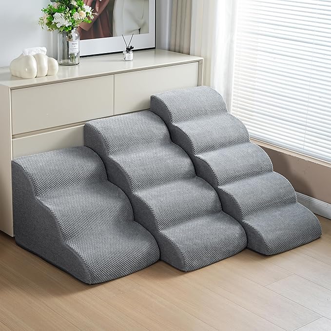 5-Step Dog Stairs, 22.6” High Foam Pet Ramp for Small Dogs & Cats – Durable Waterproof Washable Cover, Non-Slip Base, Stable Indoor Ladder for High Beds and Couch (Grey)