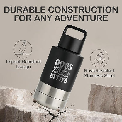 KEWIXY Insulated Dog Travel Water Bottle With Detachable Bowls, Ideal Gifts for Dog Lovers, Portable Water Bottle Dispenser, For Walking, Hiking, Camping, Outdoor (Black:Dogs Better, 32 Oz)