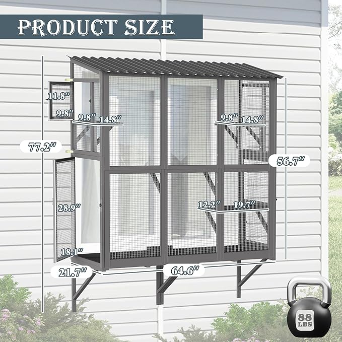 Large Catio Cat Window Box, Outdoor Cats Window Perch Enclosure for Indoor Cats with 4 Jump Platforms & 4 Doors, Kitten Cat Patio House Connected with Tunnels, All Weather Use (Gray)