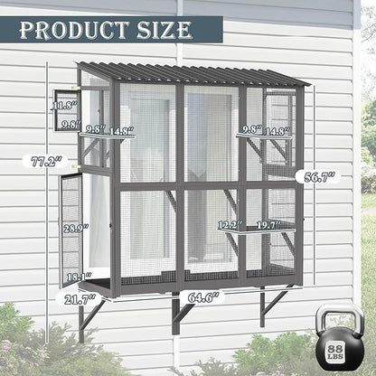 Large Catio Cat Window Box, Outdoor Cats Window Perch Enclosure for Indoor Cats with 4 Jump Platforms & 4 Doors, Kitten Cat Patio House Connected with Tunnels, All Weather Use (Gray)