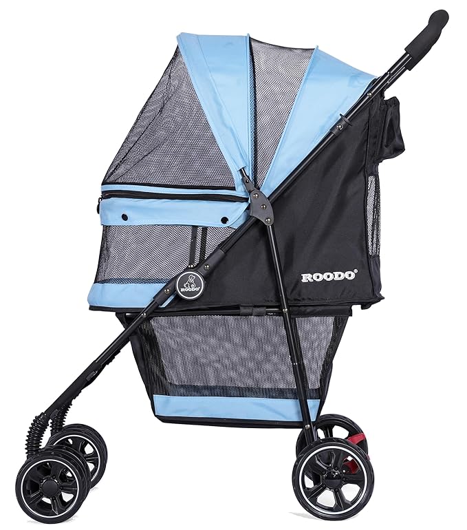 ROODO 4 Wheel Dog Cat Pet Stroller Best Lightweight Foldable Compact Portable Jogger All Terrain Travel Pet Gear Puppy Doggie Bunny Kitty Stroller for up to 30lbs Medium Small Dogs Cats(Sky Blue)
