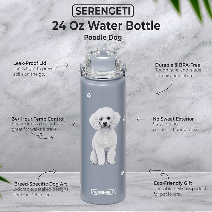 SERENGETI 24 Oz Water Bottle Stainless Steel with Spill Proof Lid - Double walled Vacuum Insulated water flask - Realistic 3D Print of your favorite dog (Poodle)
