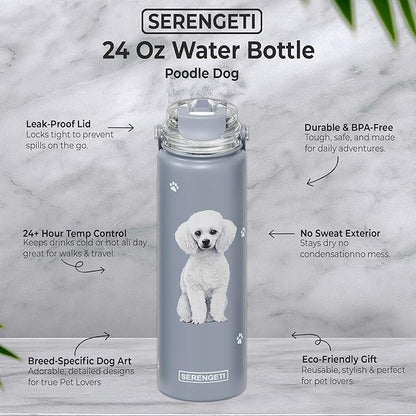 SERENGETI 24 Oz Water Bottle Stainless Steel with Spill Proof Lid - Double walled Vacuum Insulated water flask - Realistic 3D Print of your favorite dog (Poodle)
