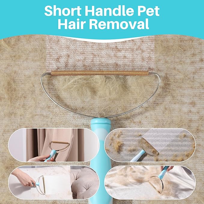 JOYMOOP 2 PCS Pet Hair Removal Tools, 63" Adjustable Long Handle Carpet Rake and Short Handle Carpet Pet Hair Removal, Cat Dog Hair Carpet Rake with Metal and Silicone Scraper for Carpet, Sofa, Cloth