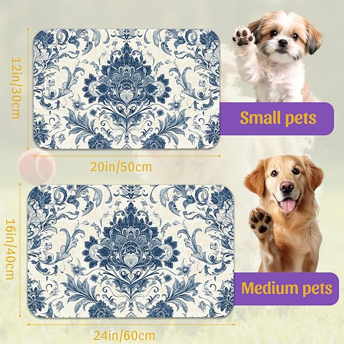 Vintage Floral Paisley Pet Feeding Mat, Absorbent Dog Cat Bowl Pad, Quick Dry, No Stains, Non-Slip Backing – 16x24 Inch