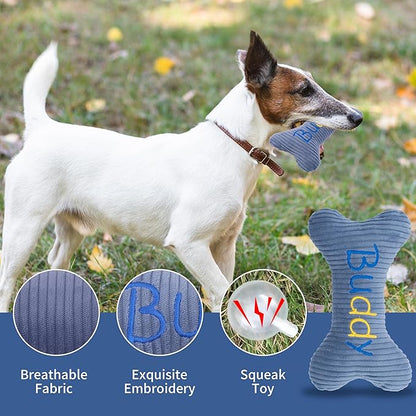 2026 Squeaky Dog Toys, Embroidered Bone Shape Blue Corduroy Pet Pillow 8"x5" Cute Soft Cotton Filled Dog Chew Puzzle Toy Birthday Holiday Fun Gifts Contrast "Buddy" Text for Small Medium Large Dogs