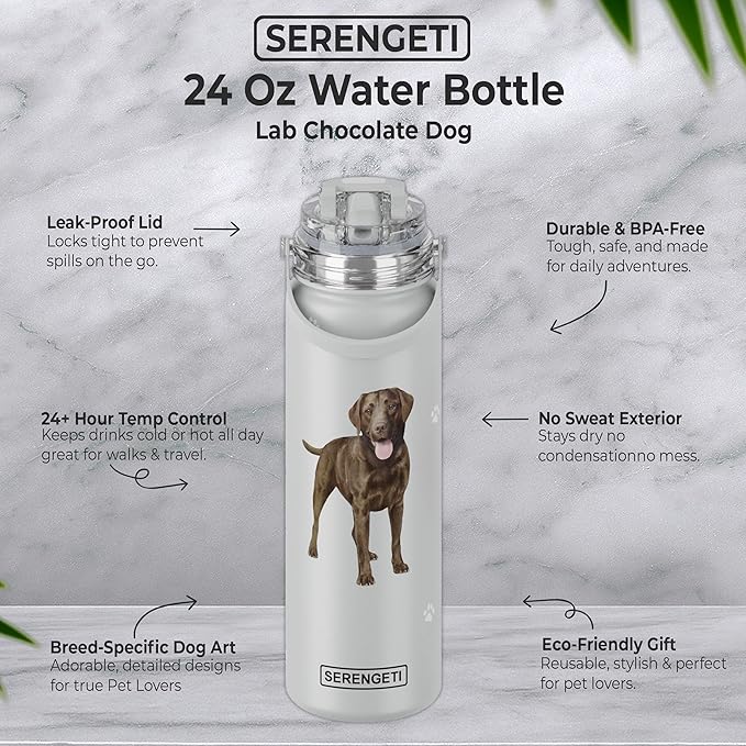 E&S Pets SERENGETI 24 Oz Water Bottle Stainless Steel with Spill Proof Lid - Double walled Vacuum Insulated water flask - Realistic 3D Print of your favorite dog (Labrador Chocolate)