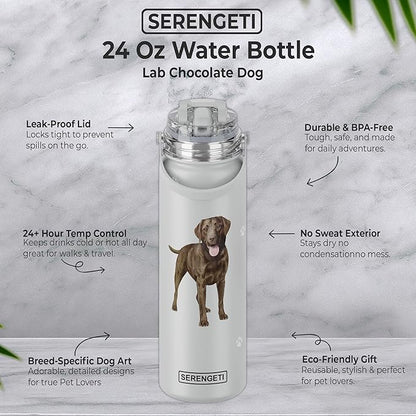 E&S Pets SERENGETI 24 Oz Water Bottle Stainless Steel with Spill Proof Lid - Double walled Vacuum Insulated water flask - Realistic 3D Print of your favorite dog (Labrador Chocolate)