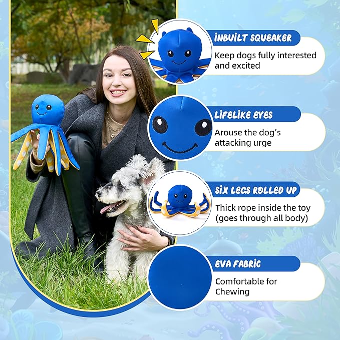 Tough EVA Dog Toy with Internal Rope Skeleton, Cute Octopus Durable Interactive Tug Toy for Medium and Large Dogs