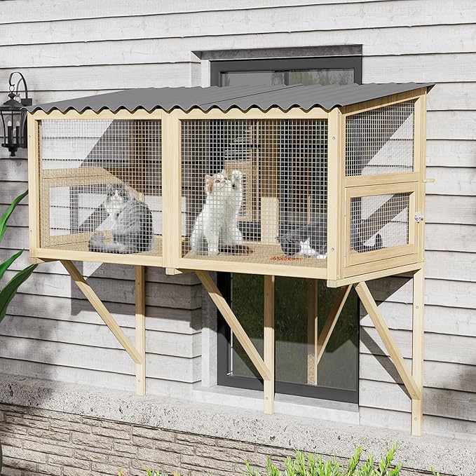 MAGIC UNION Cat Catio, Cat Window Perch for Indoor Cats - Expandable Wooden Windows Box Enclosure, Waterproof Cats Windows Hammock for Enjoying The Outdoor Sights (Original Wood, 82.6" L)