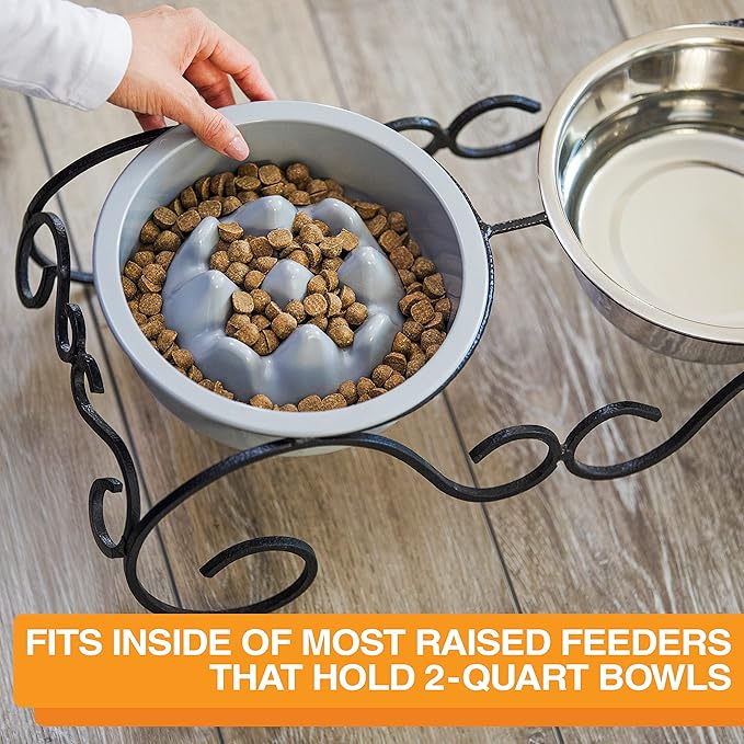 The Niner Slow Feed Bowl - Raised Peaks Slow Down Pets Eating - Fits Elevated Feeders Including Neater Feeder Large Sizes - Gentle on Teeth and Gums - Holds up to 2 Cups (Silver)