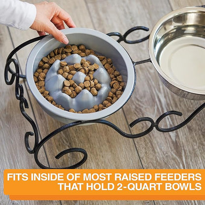The Niner Slow Feed Bowl - Raised Peaks Slow Down Pets Eating - Fits Elevated Feeders Including Neater Feeder Large Sizes - Gentle on Teeth and Gums - Holds up to 2 Cups (Silver)