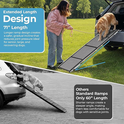 Dog Ramp for Car, SUV & Truck, 71" Long x 20" Wide, Extra Side-Strap Stability System, Non-Slip Quad-Fold Pet Ramp for Large Dogs, 250 lb Capacity (Standard Design)