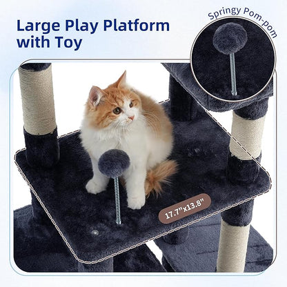 Cat Tree for Indoor Cats, 55.1 inch Cat Tower with 7 Sisal Scratching Posts, Multi-level Cat Condo wit Large Play Platform Furry Ball, Cat Cave, 2 Padded Perches, Basket, Smoky Gray GCT013G