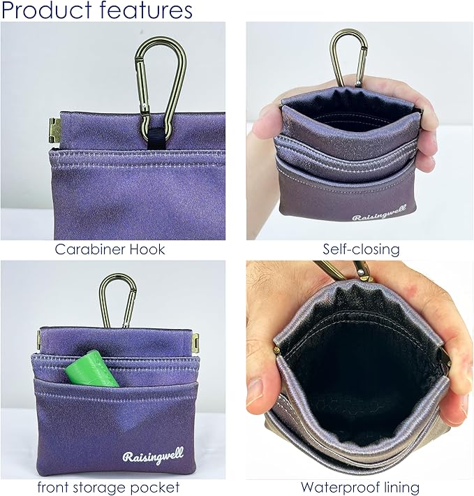 Raisingwell Dog Treat Pouch, Pocket Sized Pet Training Pouch, Hand Free Purple Dog Walking Bag with Carabiner, Self-Closing Pet Feed Snack Reward, for Puppy Travel or Outdoor Use, NanoPTC