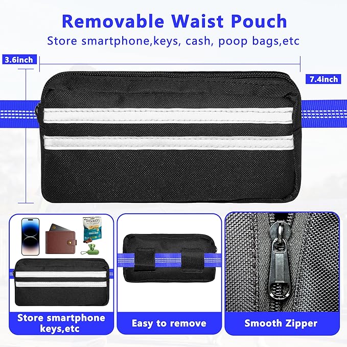Hands Free Dog Leash with Zipper Pouch, Running Waist Leash for Dog Walking, Adjustable Waist Belt for Large Dogs, Reflective Bungee Design with Two Handle for Hiking, Training, Royal Blue