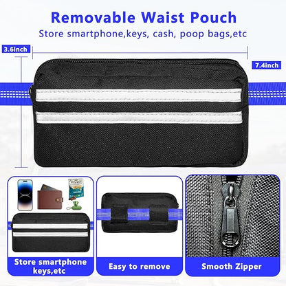 Hands Free Dog Leash with Zipper Pouch, Running Waist Leash for Dog Walking, Adjustable Waist Belt for Large Dogs, Reflective Bungee Design with Two Handle for Hiking, Training, Royal Blue