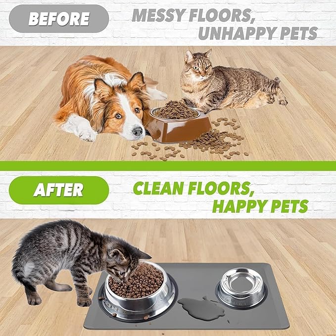 TidyFriend Pet Food Mat 11.5 x 17 Inches – Dog Food Mats - Silicone Non Slip Waterproof Feeding Placemat for Dogs & Cats - Easy to Clean Pet Supplies (Dark Grey)