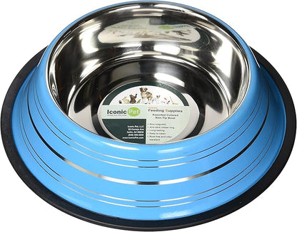 Iconic Pet Color Splash Stripe Non-Skid Stainless Steel Dog & Cat Bowl - Blue, 32 Oz, 4 Cup, Durable, Easy to Clean, Anti-Slip Feeding Dish for Food & Water, Stylish Design for Dogs and Cats