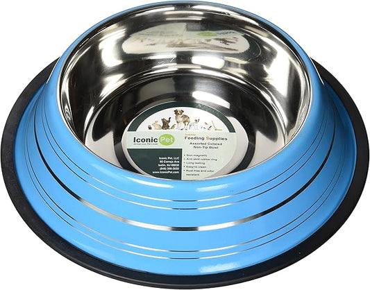 Iconic Pet Color Splash Stripe Non-Skid Stainless Steel Dog & Cat Bowl - Blue, 32 Oz, 4 Cup, Durable, Easy to Clean, Anti-Slip Feeding Dish for Food & Water, Stylish Design for Dogs and Cats