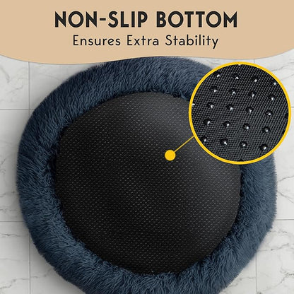 PetJett Dog Beds Large Sized Dog - 36'' Calming Round Bed, Anti-Slip & Washable Super Soft Donut Bed, Fluffy Faux Fur Anti-Anxiety Premium Comfort Pet Bed, Fits Dogs up to 80 lbs - Dark Grey